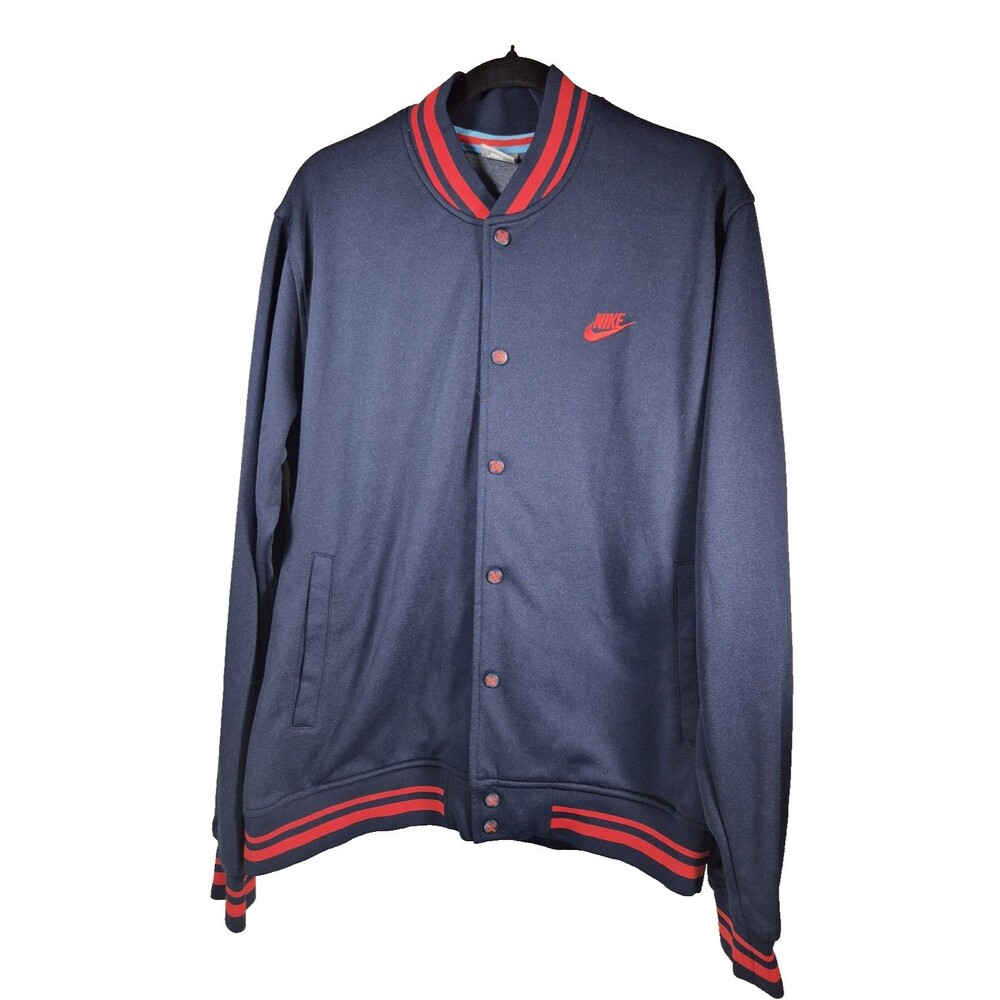 VTG Nike Sportswear Bomber Varsity Jacket Navy Blue Red Mens XL Satin Snap